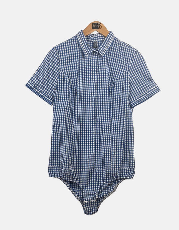 Blue Gingham Short-Sleeve Button-Up Bodysuit